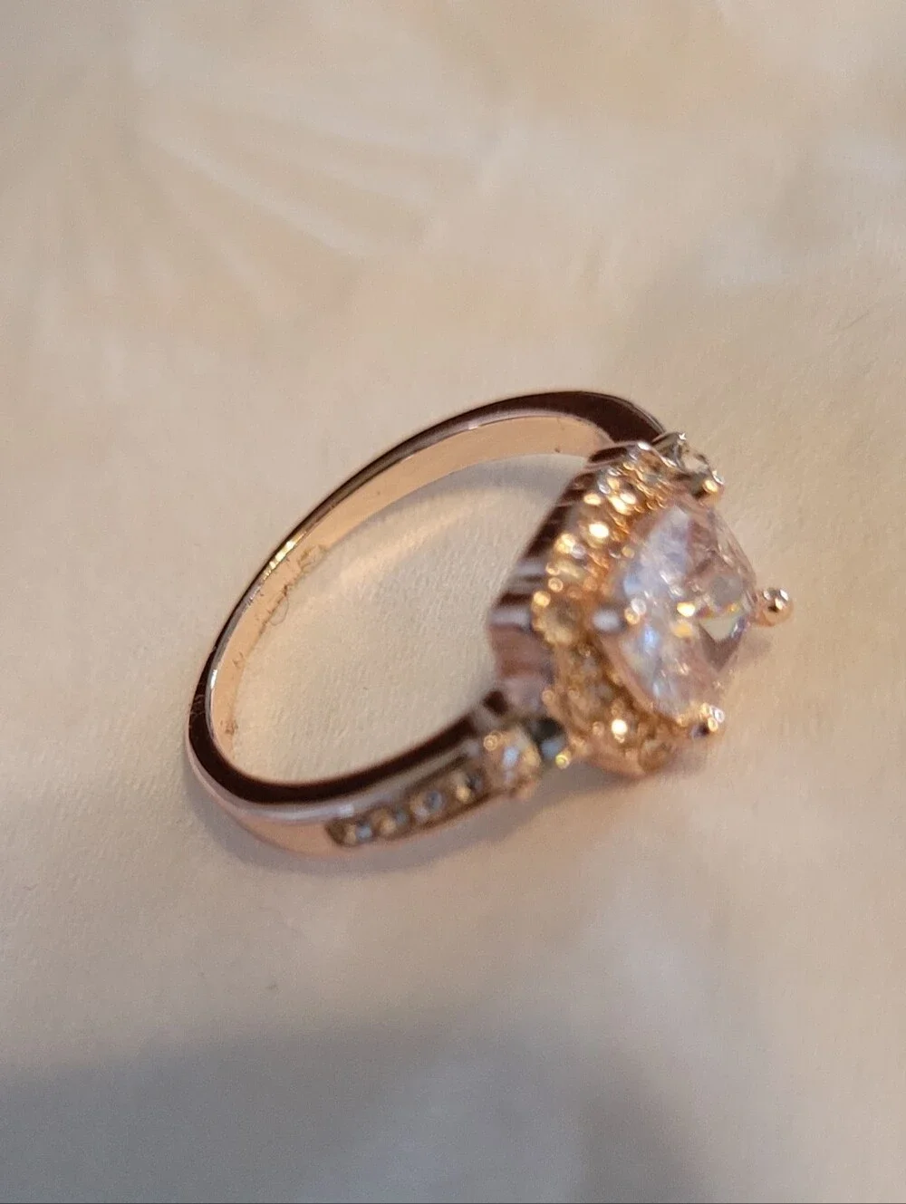 Rose Gold Tone Halo Simulated Diamond Ring - Size 6